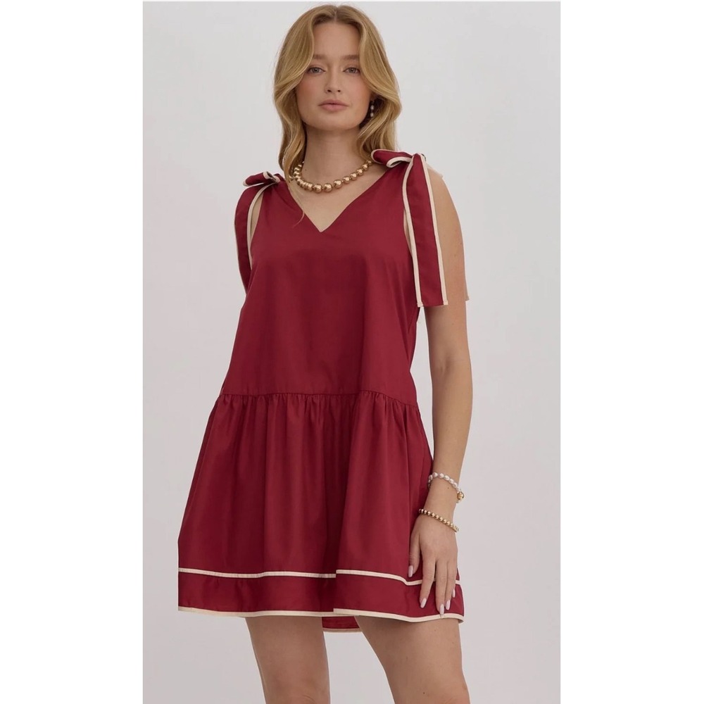 Entro Burgundy Sleeveless‎ Tie Shoulder Drop Waist Mini Dress Medium